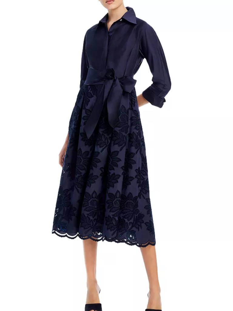 Teri Jon By Rickie Freeman Navy Floral Eyelet Collared Midi Dress In Taffeta